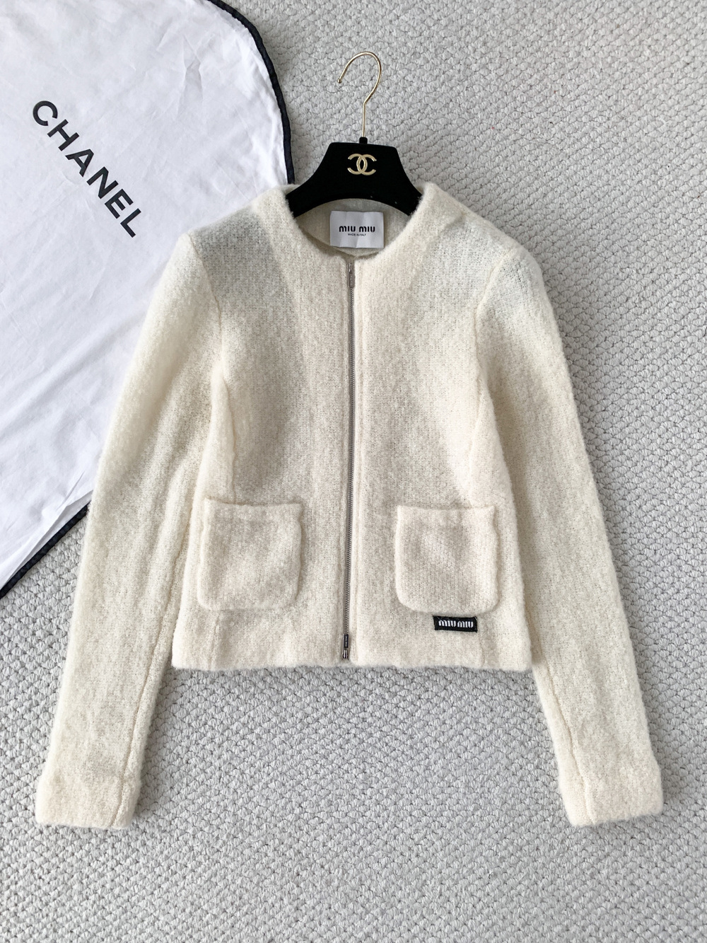 Miu Miu Beige Cropped Knit Cardigan Off White Button Front Long Sleeve